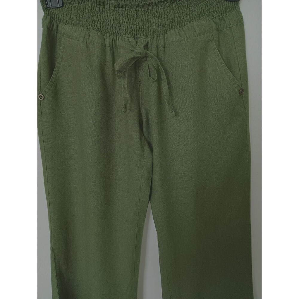 Love Tree Women Pull On Comfort Waist Drawstring Olive Green Linen Pants Size S